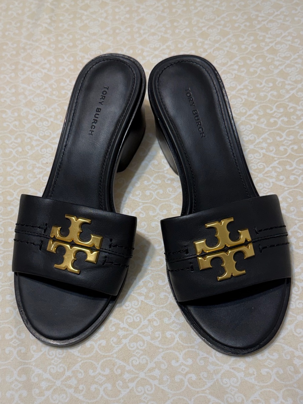 Tory Burch Eleanor Black Leather Slide Sandal Heels